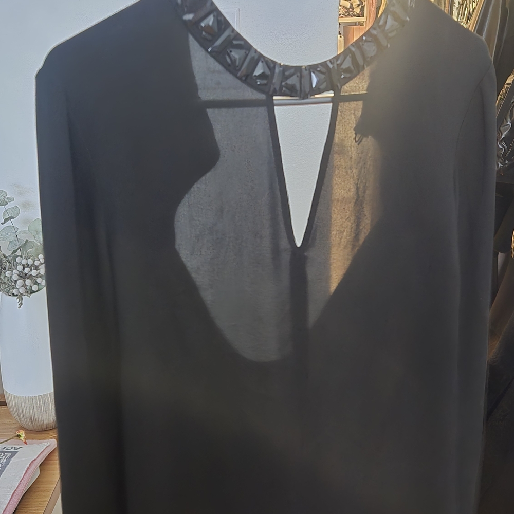 BCBGMaxAzria Black Sheer Blouse with Embellished Neckline